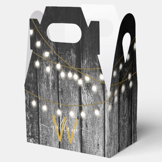 Rustige Barn Black Wood Gold String Lights Monogra Bedankdoosjes (Geopend)
