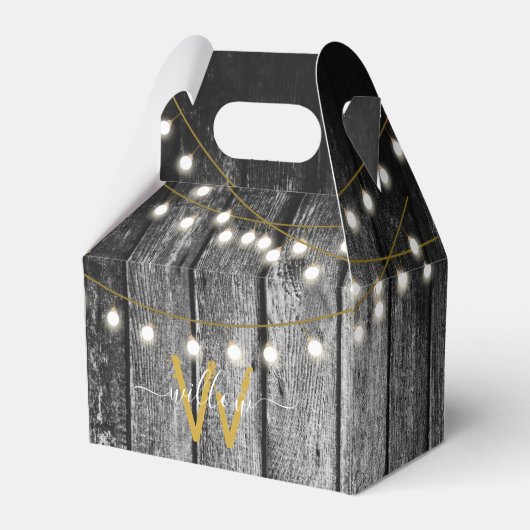 Rustige Barn Black Wood Gold String Lights Monogra Bedankdoosjes (Voorkant Zijde)