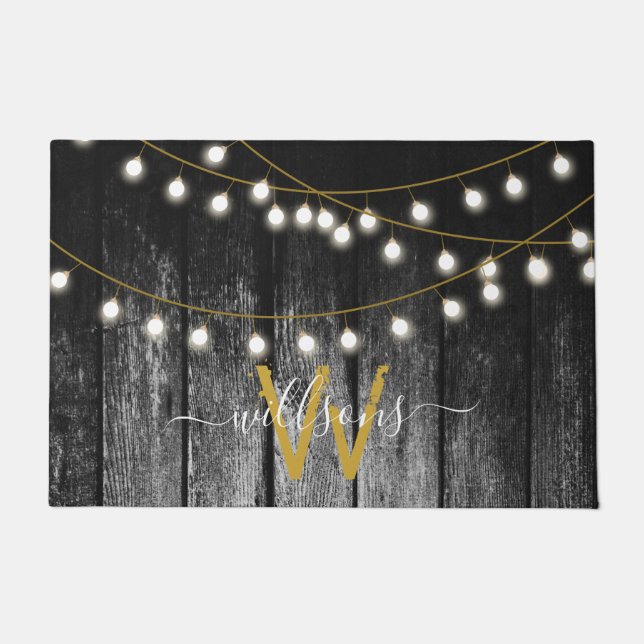 Rustige Barn Black Wood Gold String Lights Monogra Deurmat (Voorkant)