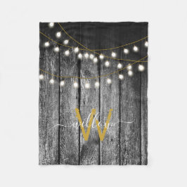 Rustige Barn Black Wood Gold String Lights Monogra Fleece Deken