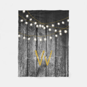 Rustige Barn Black Wood Gold String Lights Monogra Fleece Deken