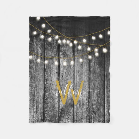 Rustige Barn Black Wood Gold String Lights Monogra Fleece Deken (Voorkant)