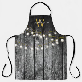 Rustige Barn Black Wood Gold String Lights Monogra Schort