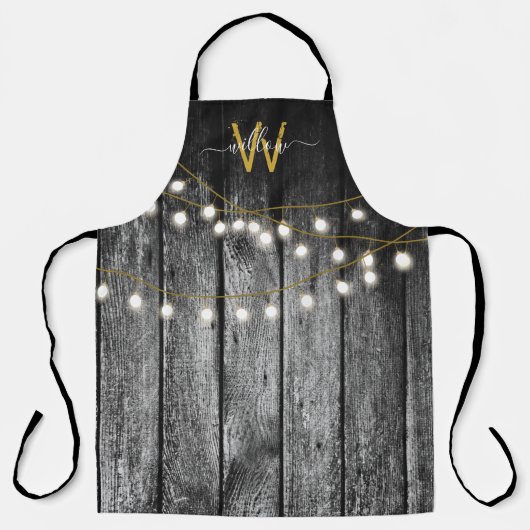 Rustige Barn Black Wood Gold String Lights Monogra Schort (Voorkant)