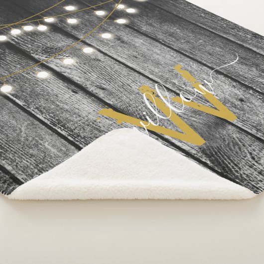 Rustige Barn Black Wood Gold String Lights Monogra Sherpa Deken (3/4)
