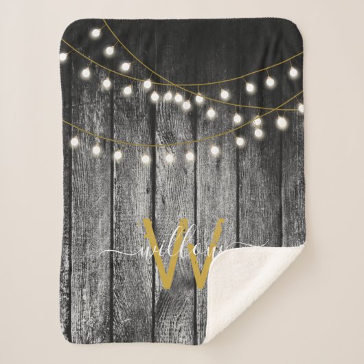 Rustige Barn Black Wood Gold String Lights Monogra Sherpa Deken (Voorkant)