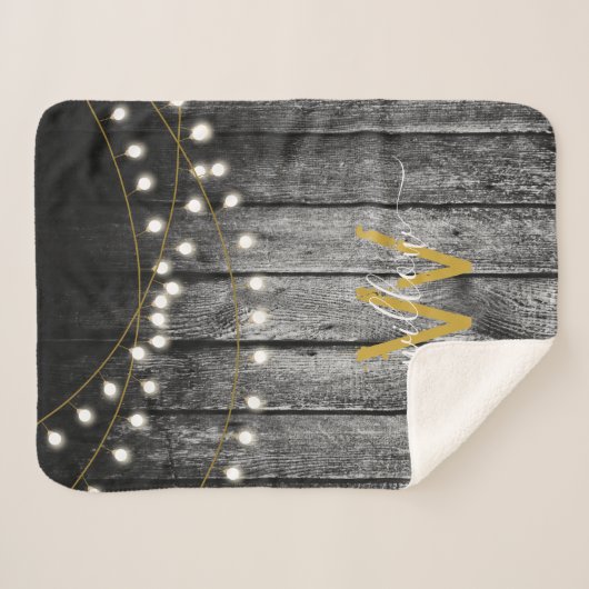 Rustige Barn Black Wood Gold String Lights Monogra Sherpa Deken (Voorkant (horizontaal))
