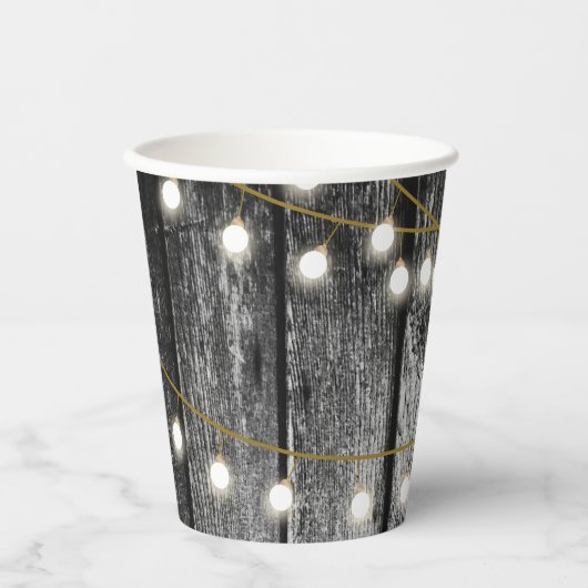 Rustige Barn Black Wood Gold String Lights Papieren Bekers (Voorkant)
