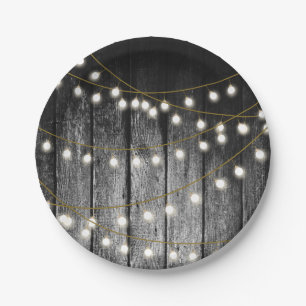 Rustige Barn Black Wood Gold String Lights Papieren Bordje
