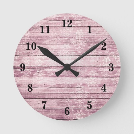 Rustige Barn Boards Shabby Pink Distress Wood Ronde Klok (Voorkant)