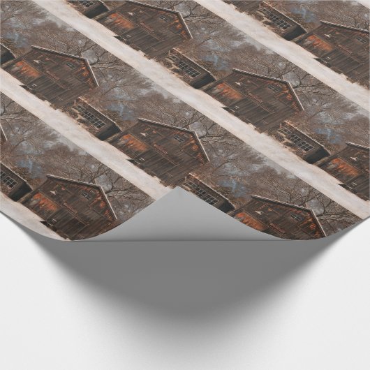 Rustige Barn & Cottage sneeuwscène Cadeaupapier (Hoek)