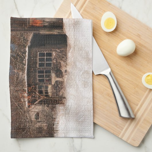 Rustige Barn & Cottage  sneeuwscène Theedoek (Quarter Fold)