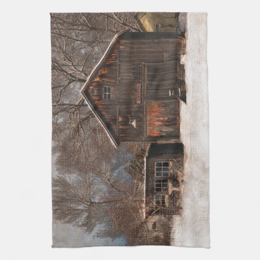 Rustige Barn & Cottage  sneeuwscène Theedoek (Verticaal)