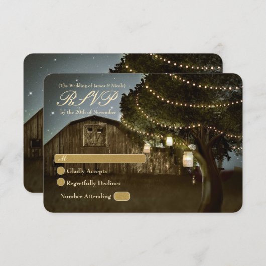 Rustige Barn & Tree Lights Wedding RSVP Kaart (Voorkant / Achterkant)