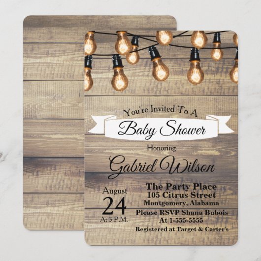 Rustige Barn Wood Edison Bulbs en lint Baby shower Kaart (Voorkant / Achterkant)