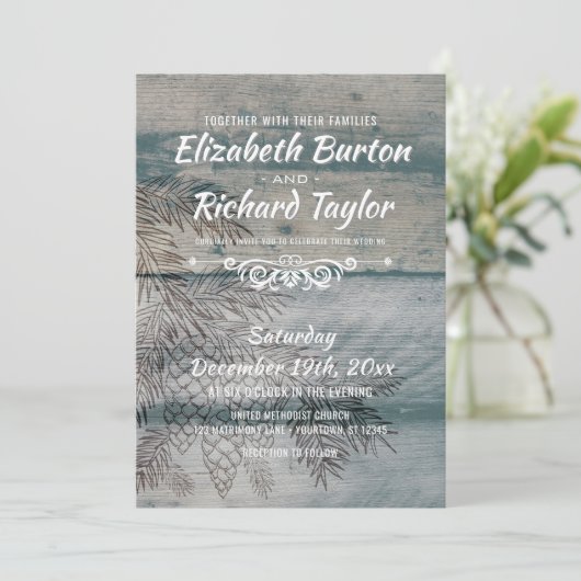 Rustige Barn Wood Pine Tree Winter Weddenschap Kaart (Staand voorkant)