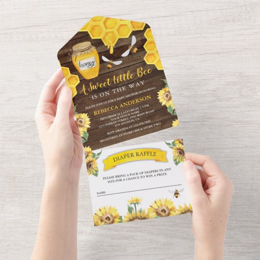 Rustige Barn Wood Sunflower Bee Baby shower All In One Uitnodiging (Afscheurbaar)