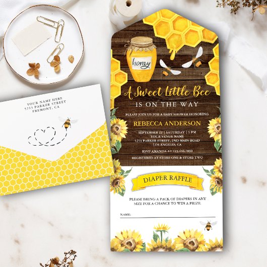 Rustige Barn Wood Sunflower Bee Baby shower All In One Uitnodiging