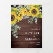 Rustige Barn Wood Sunflower Eucalyptus Wedding Drieluik Uitnodiging (Cover)