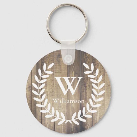 Rustige Barn Wood & White Country Laurels Monogram Sleutelhanger (Voorkant)