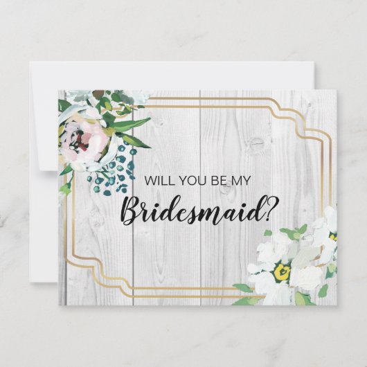 Rustige Barnwood Floral Gold Bridesmaid Voorstel Kaart (Voorkant)
