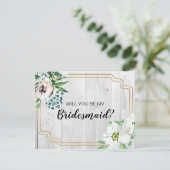 Rustige Barnwood Floral Gold Bridesmaid Voorstel Kaart (Staand voorkant)