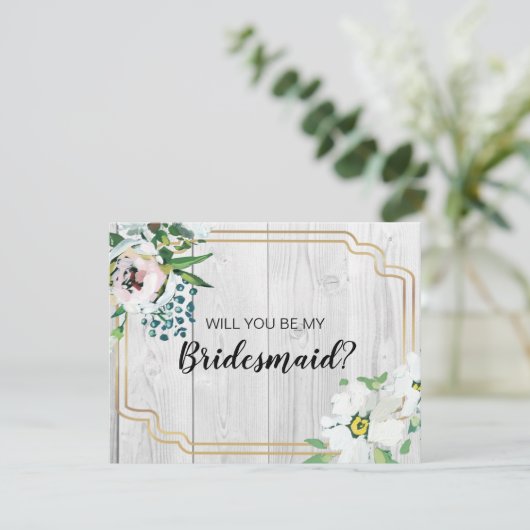 Rustige Barnwood Floral Gold Bridesmaid Voorstel Kaart (Staand voorkant)
