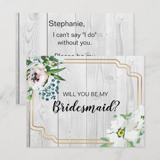 Rustige Barnwood Floral Gold Bridesmaid Voorstel Kaart (Voorkant / Achterkant)