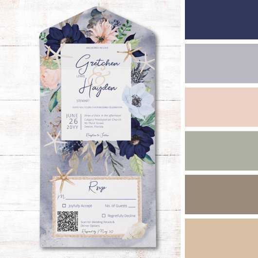 Rustige Beach Blue Nautical QR Code All In One Uitnodiging