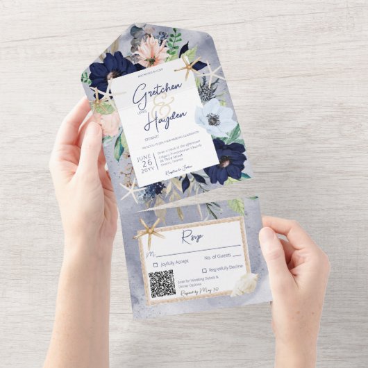 Rustige Beach Blue Nautical QR Code All In One Uitnodiging (Afscheurbaar)