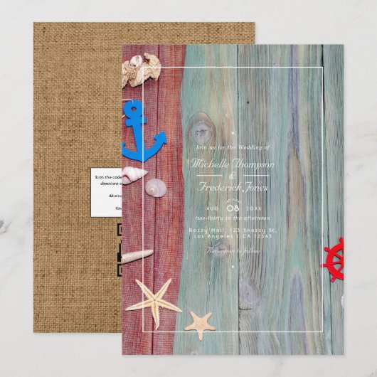 Rustige Beach Nautical QR Code RSVP Weddenschap Kaart (Voorkant / Achterkant)