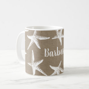 Rustige Beach White Starfish & Faux Burlap Koffiemok