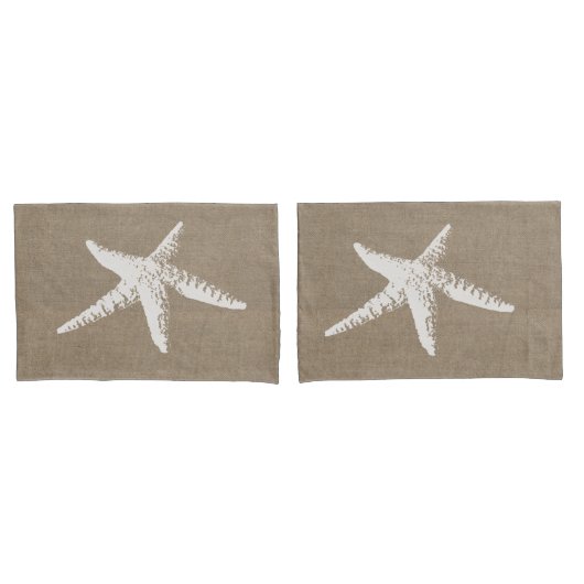 Rustige Beach White Starfish & Faux Burlap Kussensloop (Voorkant-Set)