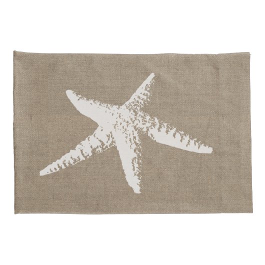 Rustige Beach White Starfish & Faux Burlap Kussensloop (Achterkant-Rechts)