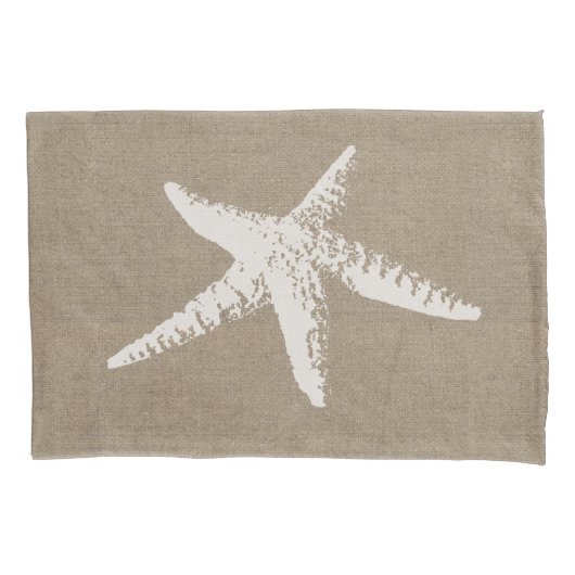 Rustige Beach White Starfish & Faux Burlap Kussensloop (Voorkant-Links)