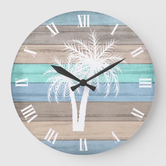 Rustige Beach Wood Nautical and Stripes Palm Trees Grote Klok (Voorkant)