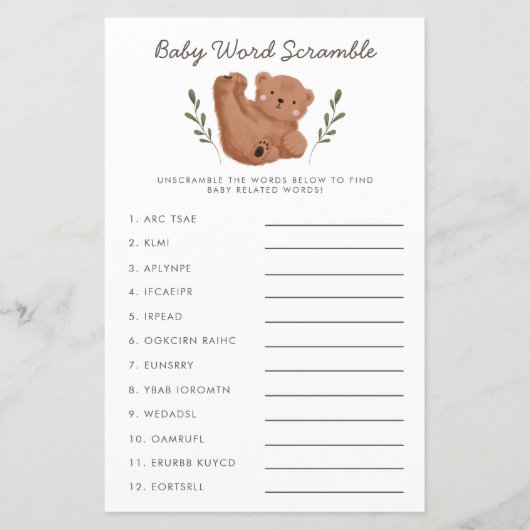 Rustige Beer Baby Word Scramble Game (Voorkant)