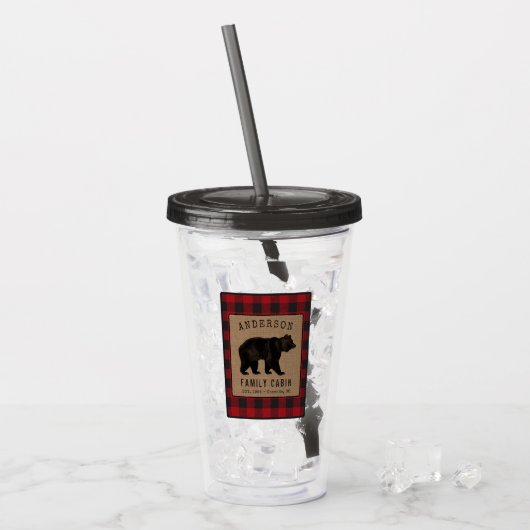 Rustige Beer Familie Cabin Red Buffalo Play Burlap Acryl Drinkbeker (Voorkant ijs)
