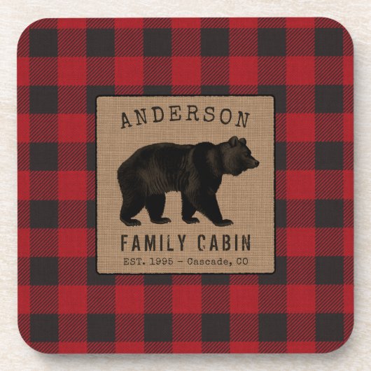 Rustige Beer Familie Cabin Red Buffalo Play Burlap Bier Onderzetter (Voorkant)