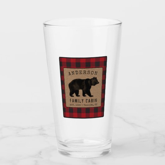 Rustige Beer Familie Cabin Red Buffalo Play Burlap Glas (Voorkant)