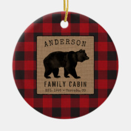 Rustige Beer Familie Cabin Red Buffalo Play Burlap Keramisch Ornament