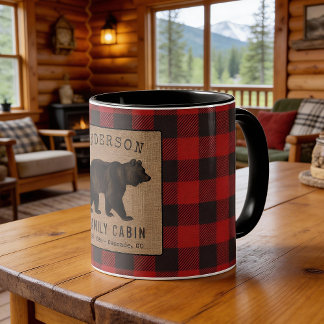 Rustige Beer Familie Cabin Red Buffalo Play Burlap Mok