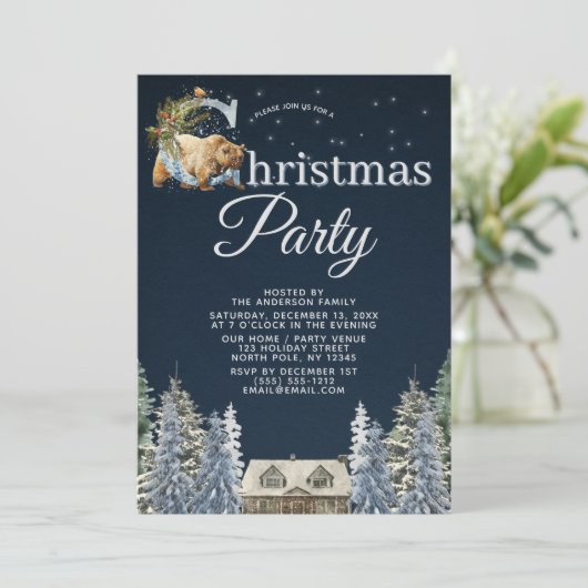 Rustige Beer met boscabine: kerstfeest Kaart (Staand voorkant)