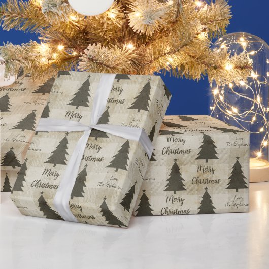 Rustige Beige Groene Kerstbomen Naam Cadeaupapier (Feestdagen)