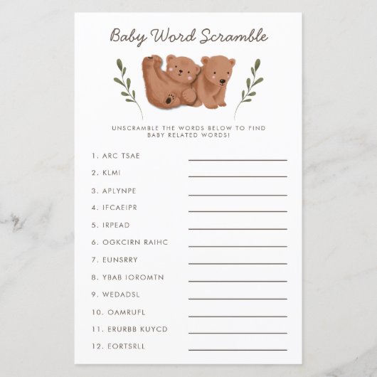 Rustige Beren Twins Baby Word Scramble Game (Voorkant)