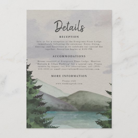 Rustige berg- en meer evergreen bruiloft informatiekaartje (Voorkant)