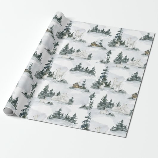 Rustige Berg Forest Animal Cabin kerstcadeau Cadeaupapier (Uitgerold)