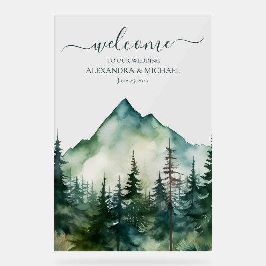 Rustige Berg Forest Evergreen Tree Wedding Acryl Bord (Voorkant)