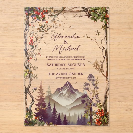 Rustige Berg Forest Evergreen Tree Wedding Acryl Uitnodigingen (Voorkant)