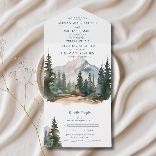 Rustige Berg Forest Evergreen Tree Wedding All In One Uitnodiging